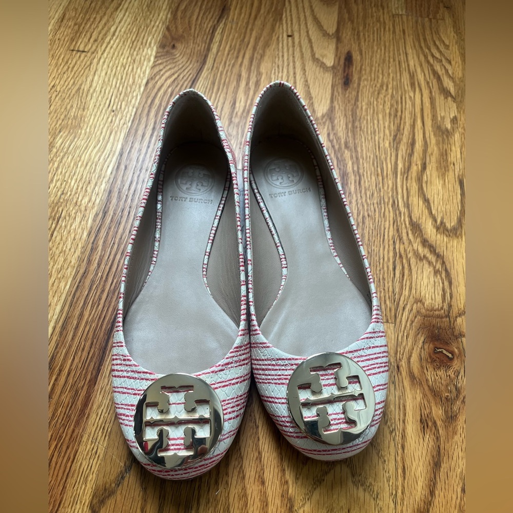 Tory Burch Reva Ballet Flats Red White Striped Snake Embossed Leather 7M